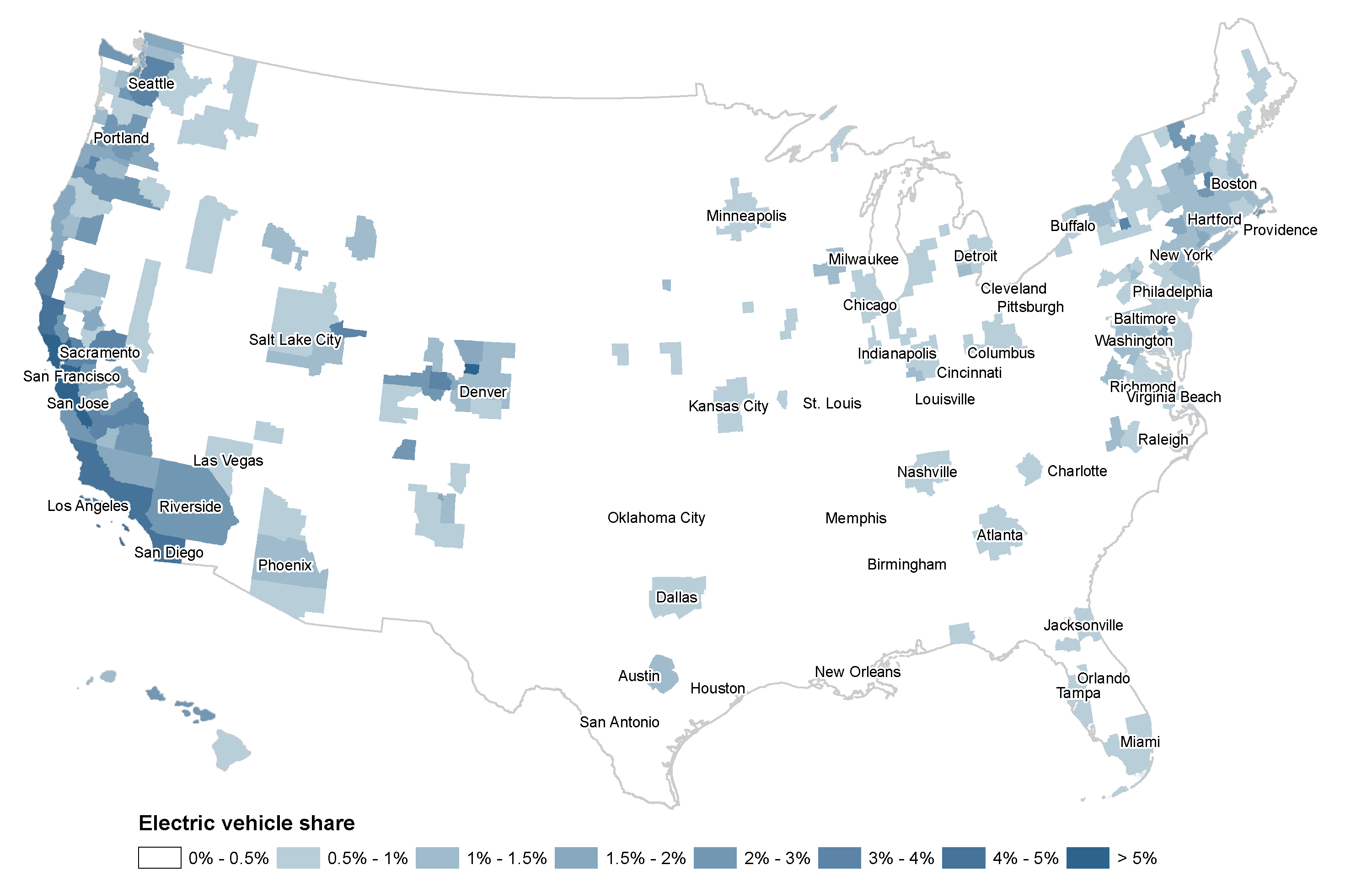 Electric vehicle share of new 2017 vehicle registrations by metropolitan area