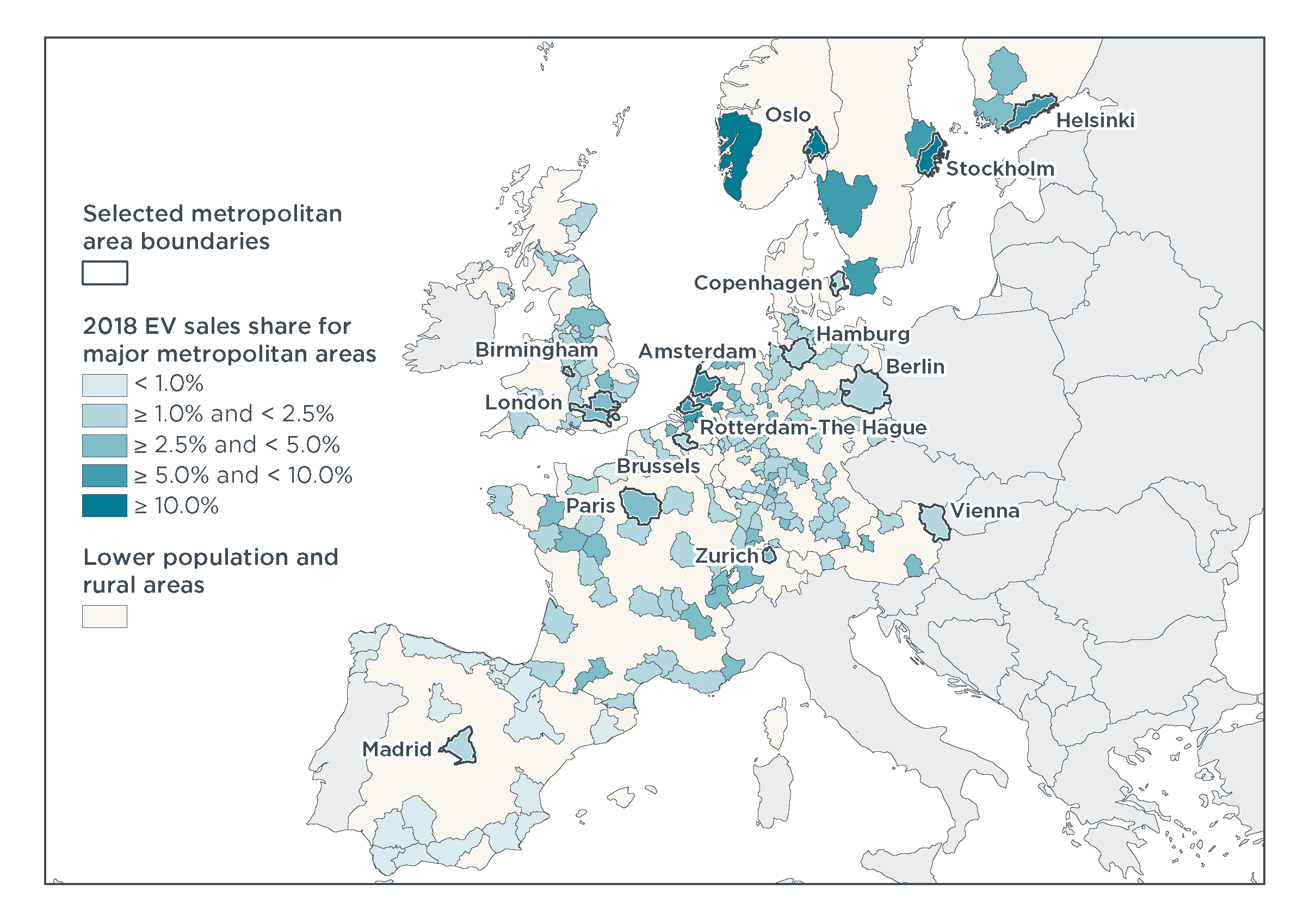 Electric vehicle share of new registrations in major European metropolitan areas.