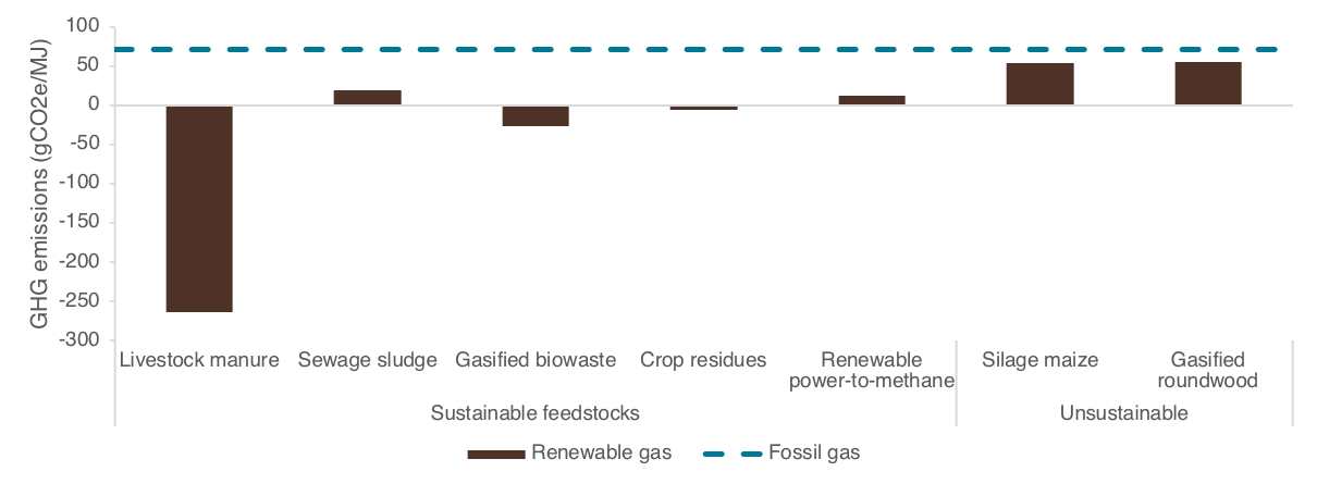 Lifecycle GHG intensities of example renewable gas pathways compared with fossil gas