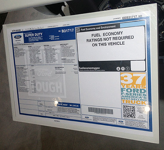 EPA fuel economy window sticker, Ford Super Duty pickup (photo Nic Lutsey)