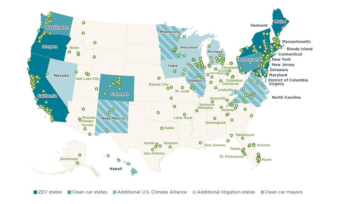 Map, U.S. clean-car states and cities, April 2019