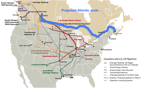 Map showing proposed pipeline from Alberta to St. John NB.