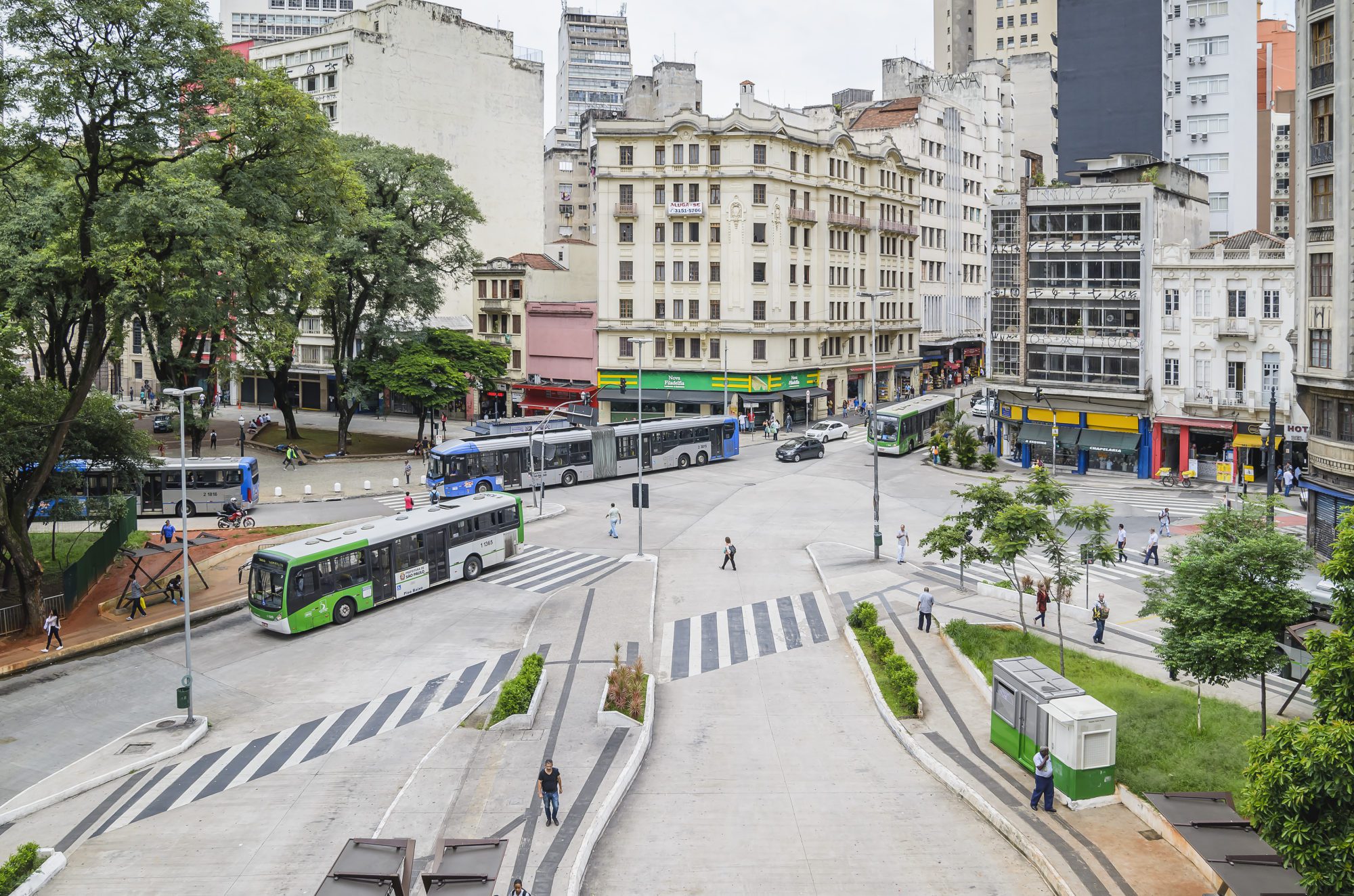  Sao Paulo SP, Brazil - February 27, 2019: Streets of downtown in front of Pedro Lessa square. Local people, traffic and public transports and buildings of the city.
