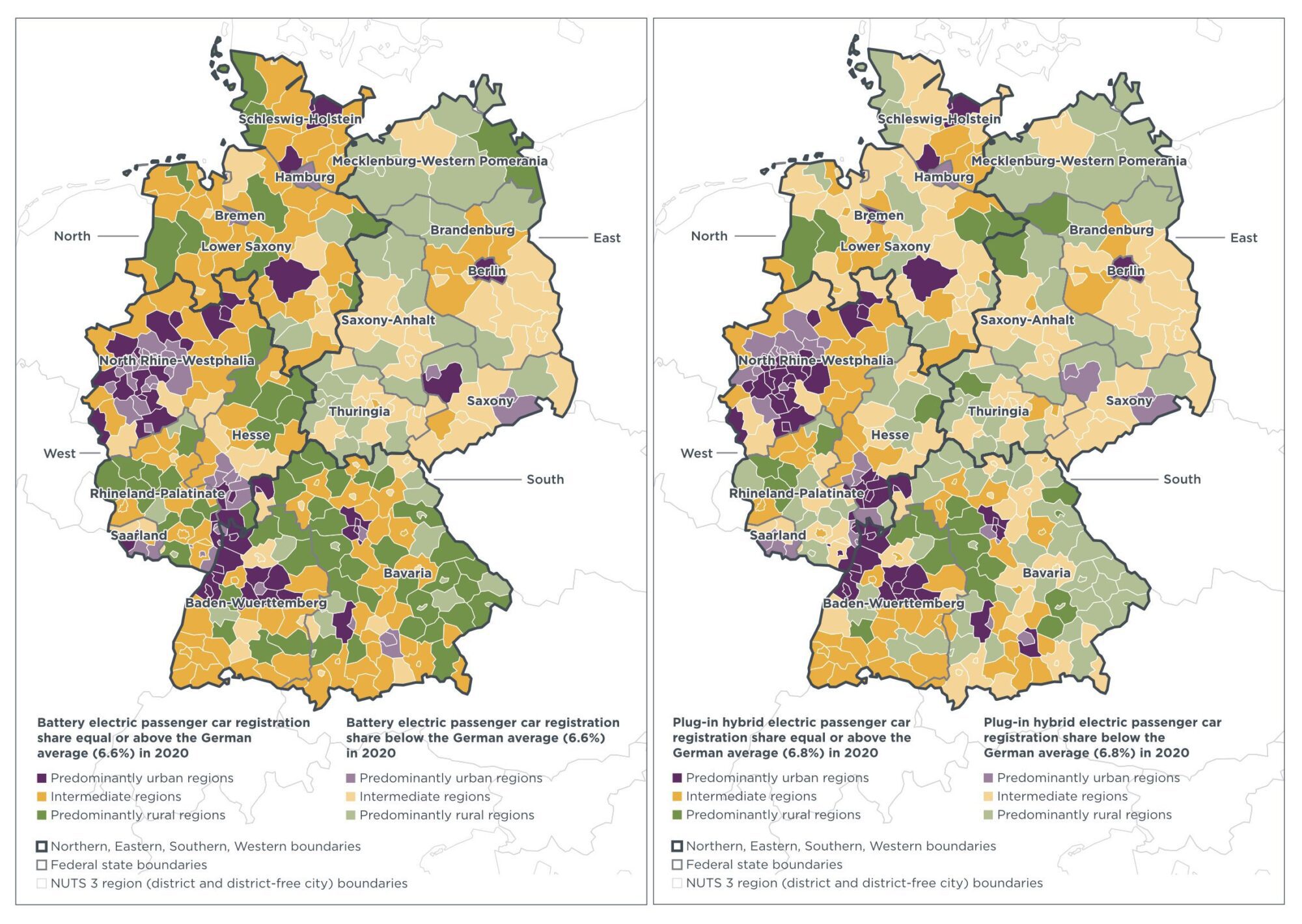 Maps showing distribution of electric vehicles and plug-in hybrid vehicles in Germany