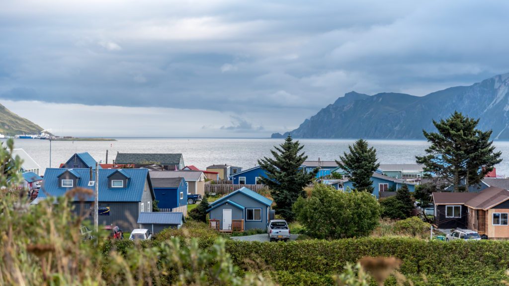 houses and shore and mountains at Dutch Harbor, Alaska