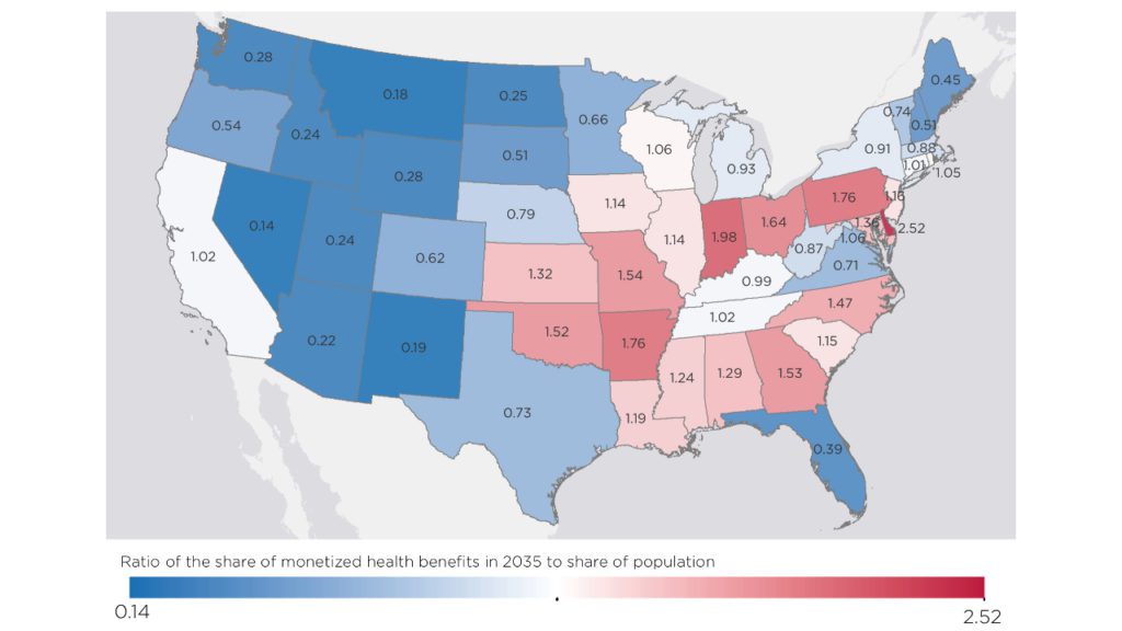 map showing health benefits of EPA HDV rule by state