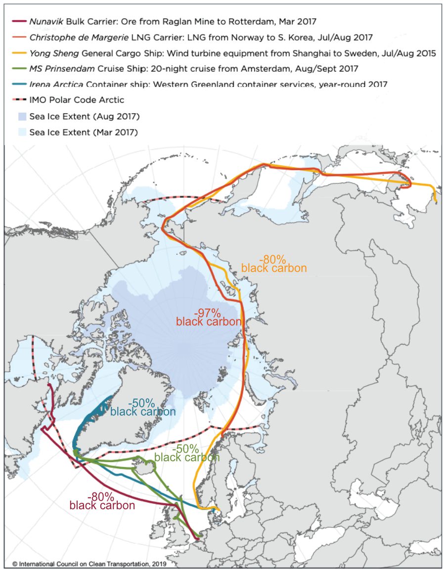 map of the Arctic andd Northern Europe showing BC reductions possible from the studied shipping routes.