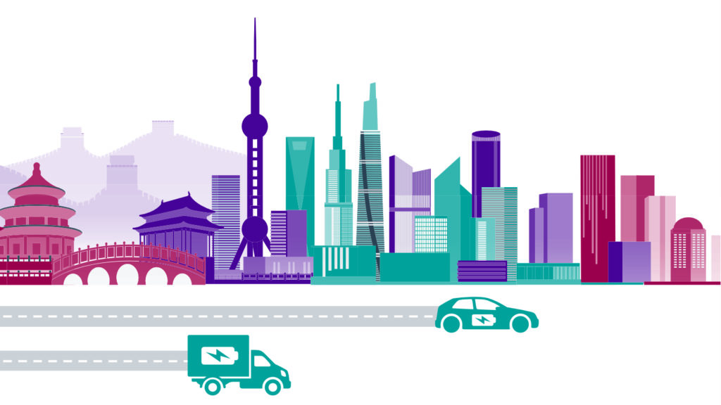 graphic illustration of a car and truck on the road and famous aspects of the skyline of Chinese cities in the backgroun