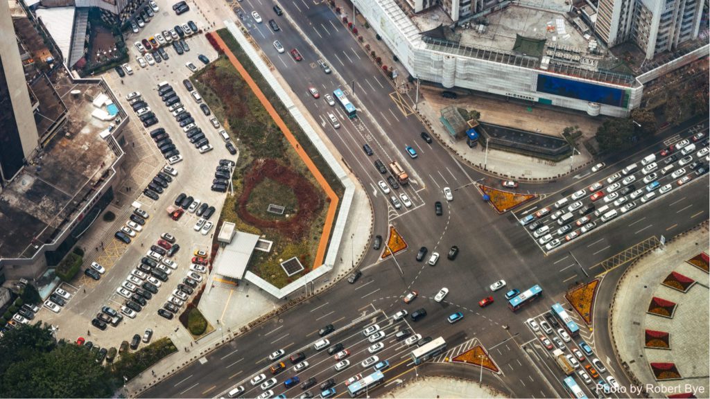 aerial view of traffic at an intersection in Shenzhen, China