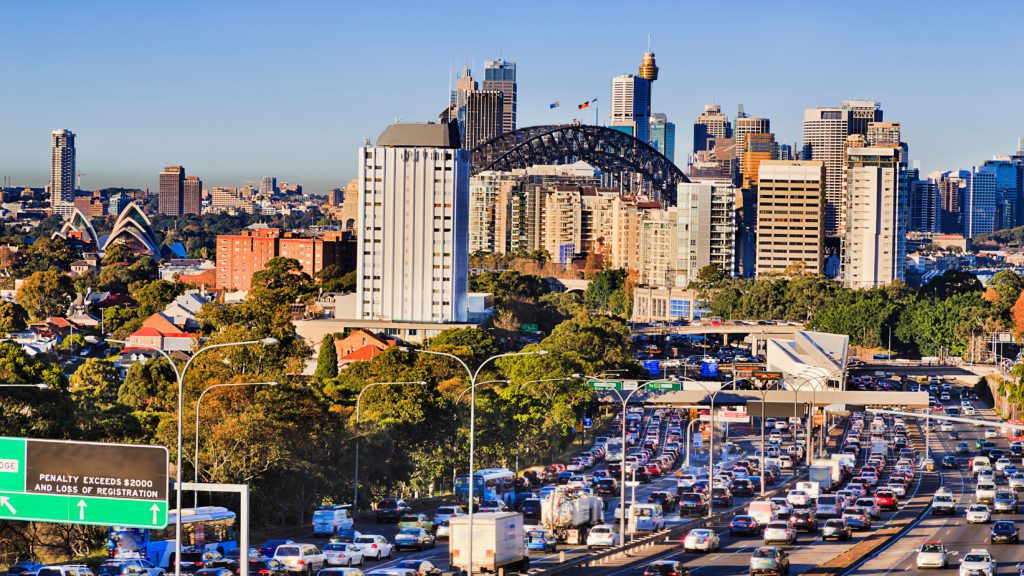 Heavy congested traffic on Warringah freeway in North Sydney towards Sydney's Harbour bridge and tunnel during morning rush hour.