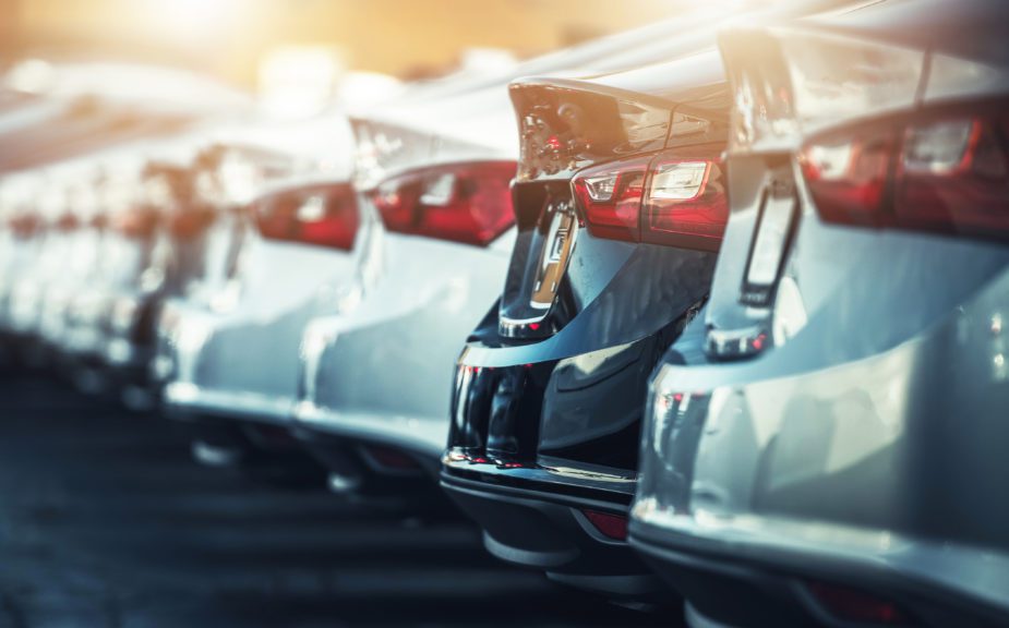 back ends of passenger cars, all lined up