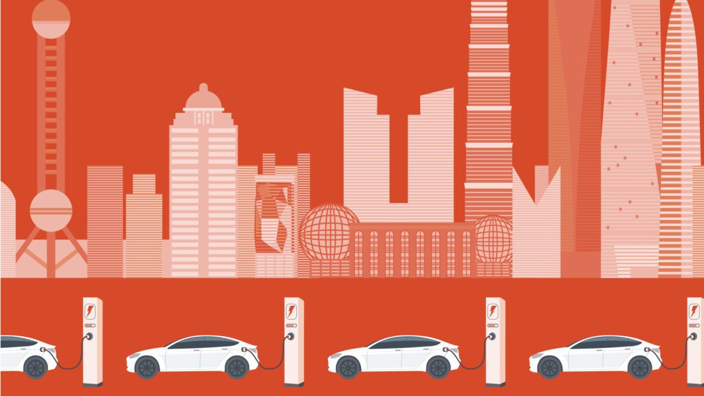 orange background and white illustration of a city skyline with passenger cars connected to chargers in the foreground