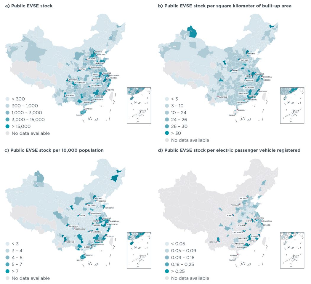 Four maps of China with different intensities of blue for different levels of charging infrastructure stock