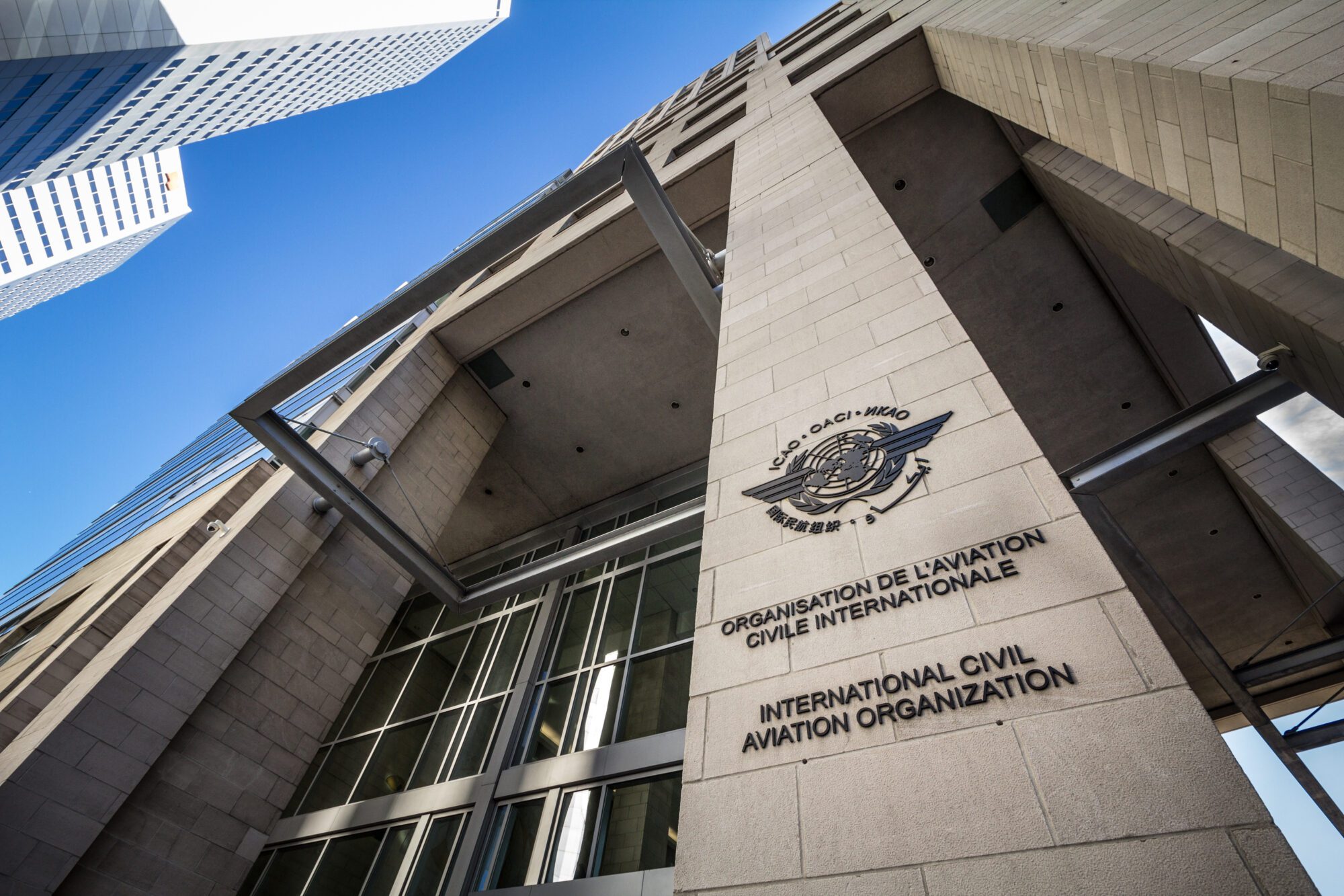 MONTREAL, CANADA - NOVEMBER 4, 2018: Logo of the international civil aviation organization, on their heaquarters office. Also called OACI, it's the UN body regulating civil aviation